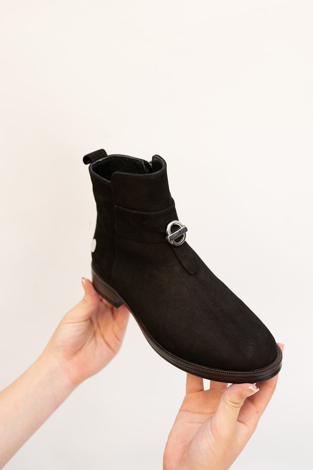 3092 Eren Shoes&Bag Genuine Leather Nubuck Buckle Detailed Zippered Low Heeled Women's Daily Boots Real Leather Nubuck Black