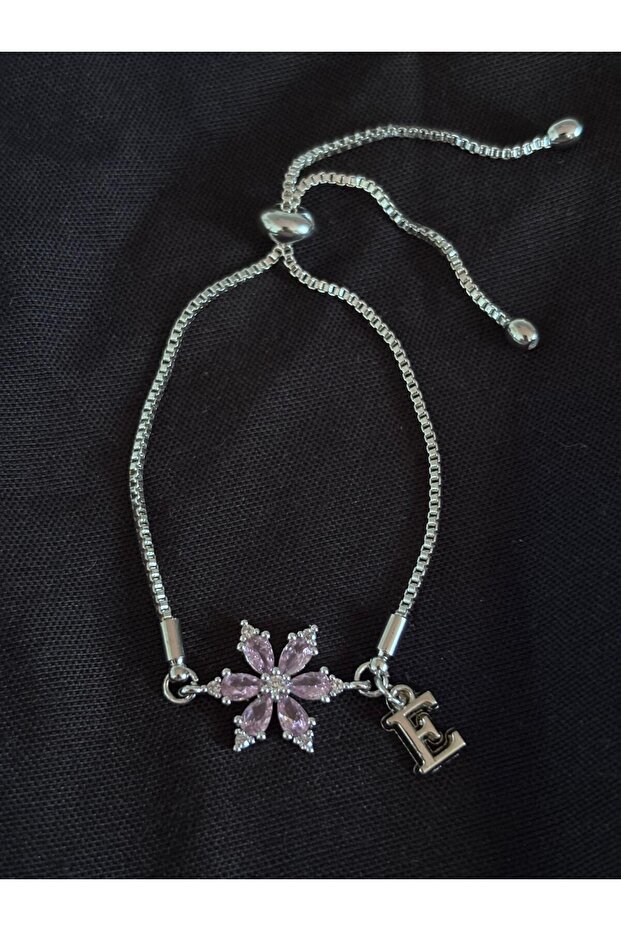 Steel Pink Zircon Stone Lotus Flower E Letter Bracelet