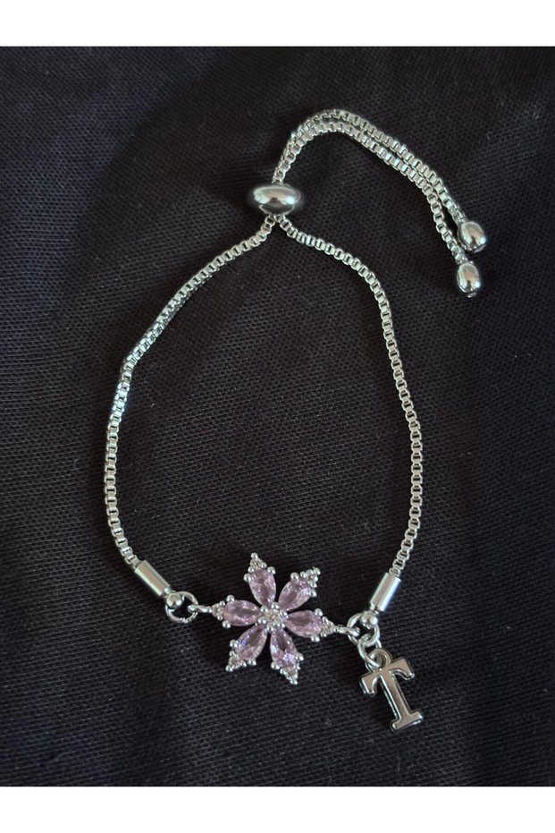 Steel Pink Zircon Stone Lotus Flower t Letter Bracelet