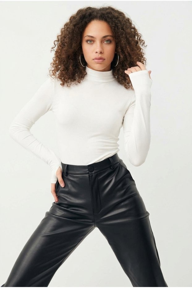 Women's White Finger Detailed Bodysuit