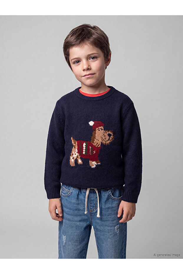 Two Mt Shop Quality Lcw Kids Navy Blue Knitwear Patterned Oval Collar Boys' Sweater