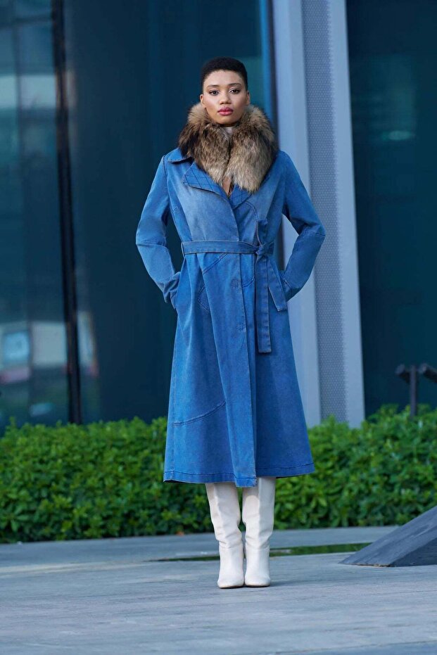 Belted Denim Coat with Detachable Faux-Fur Collar - Navy