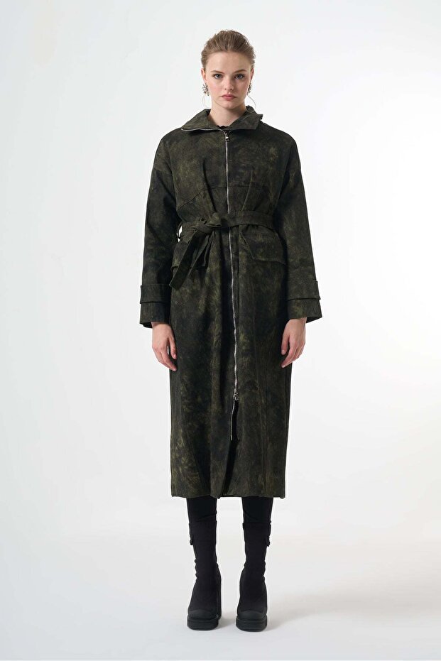 Belted Zip-Front Textured Overcoat - Khaki
