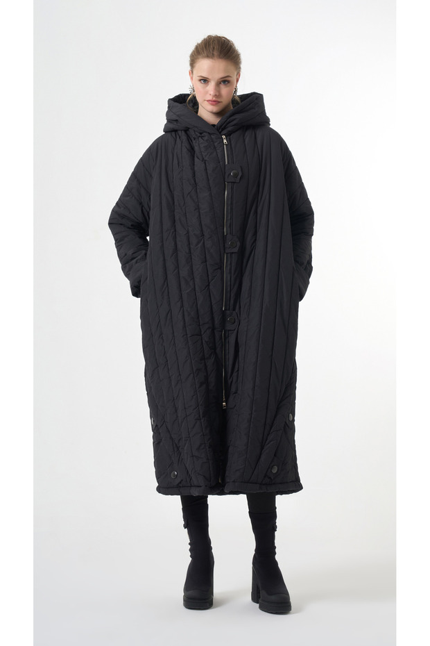 Plus-Size Hooded Long Quilted Coat - Black