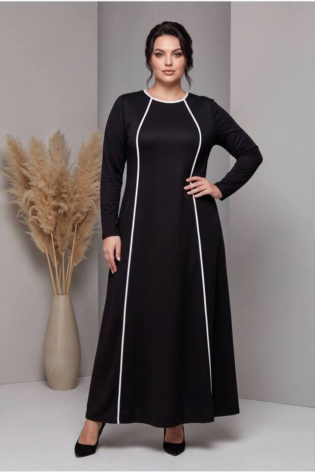 Crew Neck White Striped Black Combed Cotton Fabric Full Length Dress