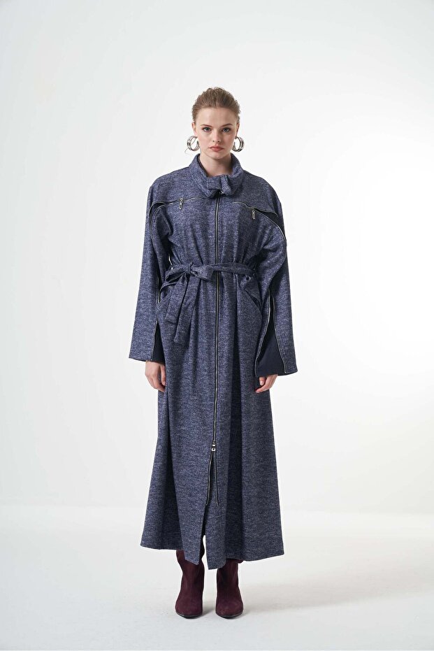 Belted Cape-Style Felt Coat - Navy