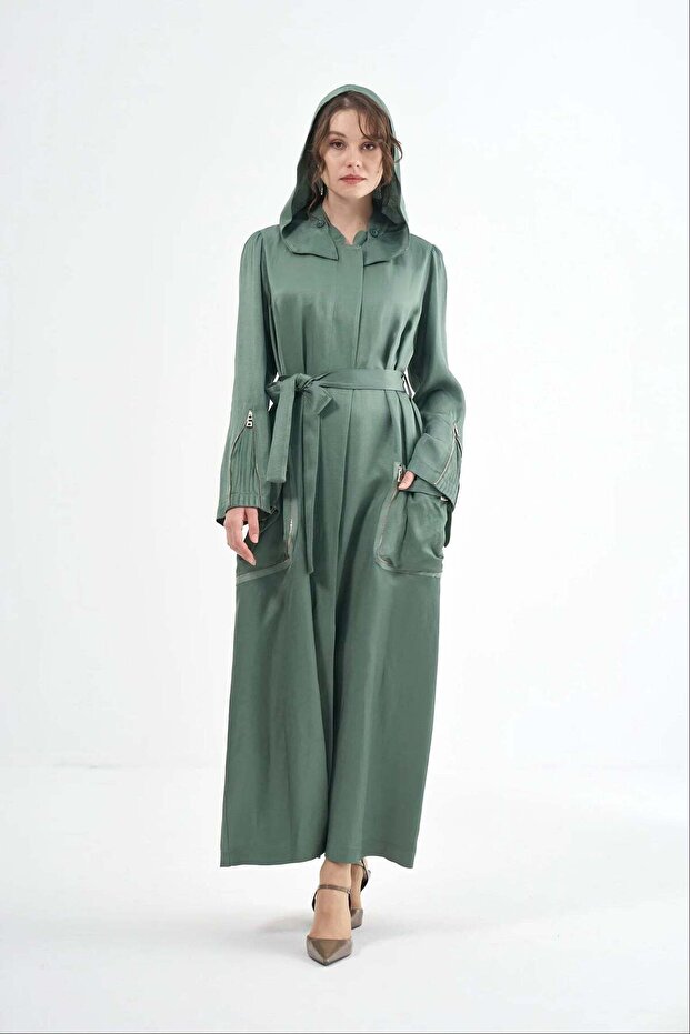 Belted Linen-Blend Overcoat with Zip Pockets - Green