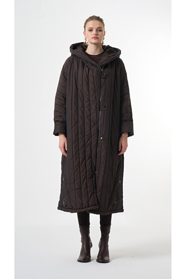 Plus-Size Hooded Long Quilted Coat - Brown