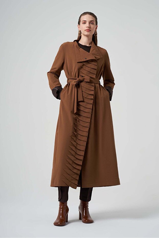Belted Long Coat with Pleated Front Panel - Tan