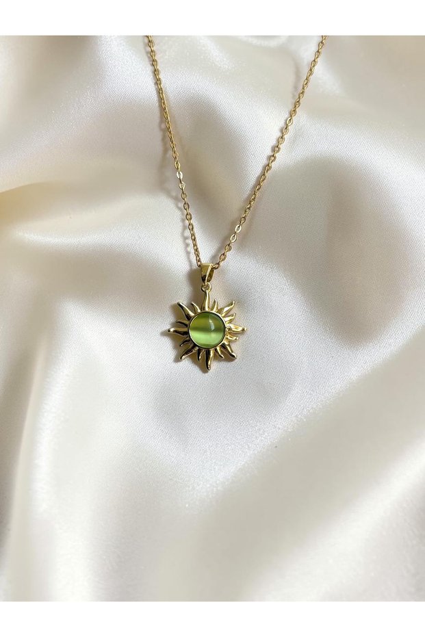 Gold Green Opal Stone Steel Necklace with Sun Figure