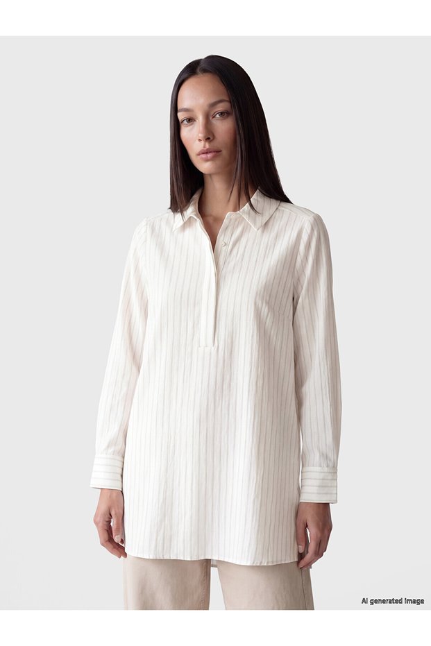Alita City Lcw Studio Ecru Dobby Striped Loose & Baggy Women's Tunic with a Difference