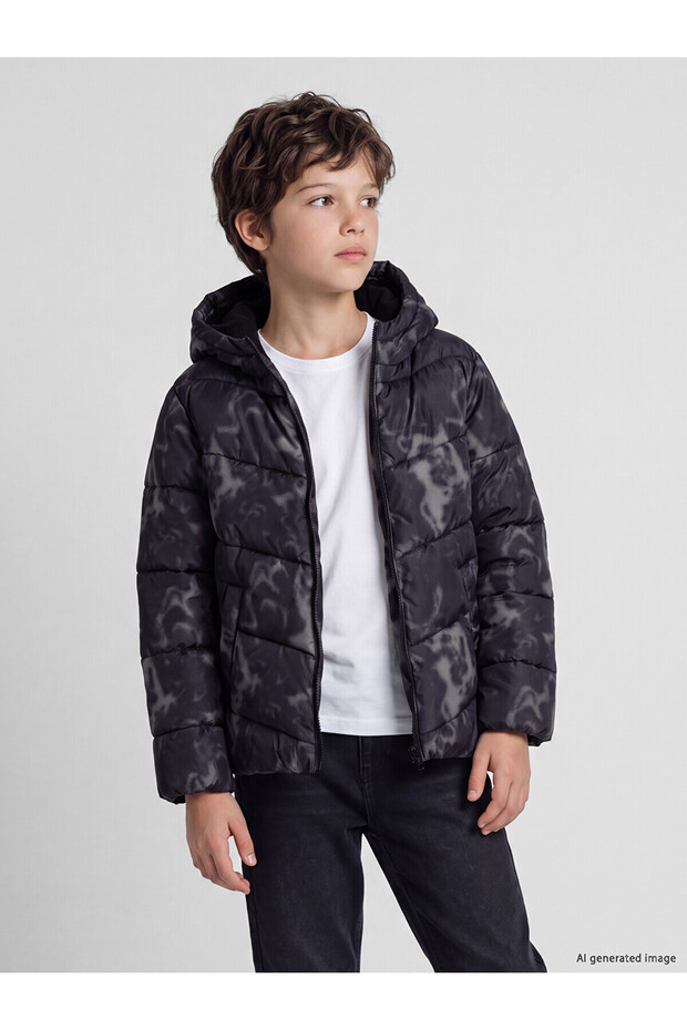 Two Mt Shop Quality Lcw Kids Black Tie-Dye Patterned Boys' Inflatable Coat