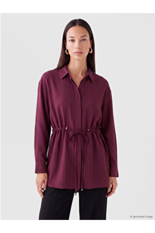 Burgundy Lace-Up Waist Striped Women's Shirt Tunic