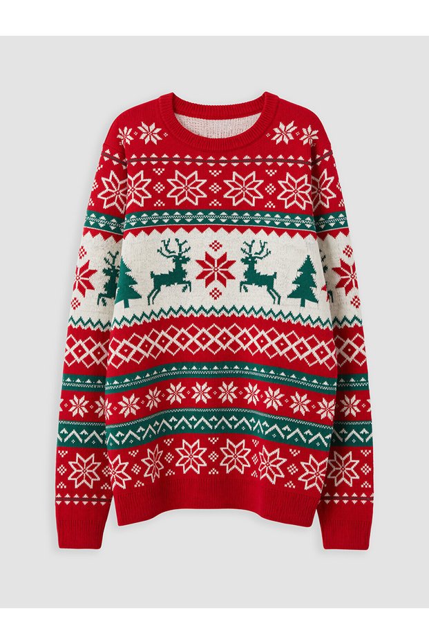 Two Mt Shop Quality Lcw Kids Red Oval Collar Christmas Themed Girls' Knitwear Sweater
