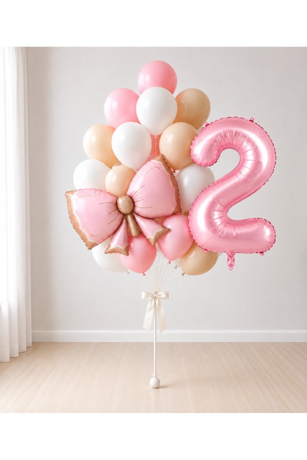 -2- Age Retro Pink Bow Sea Sand Pink White Balloon Bunch