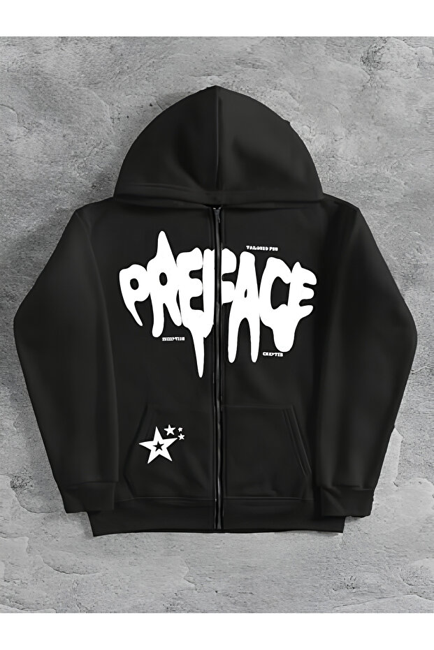 Preface Printed Black Zippered Cardigan