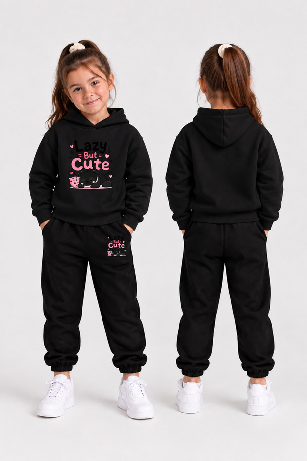 Girls' Hooded Tracksuit Set – Printed Hoodie Sweatshirt and Sweatpants Winter Outfit