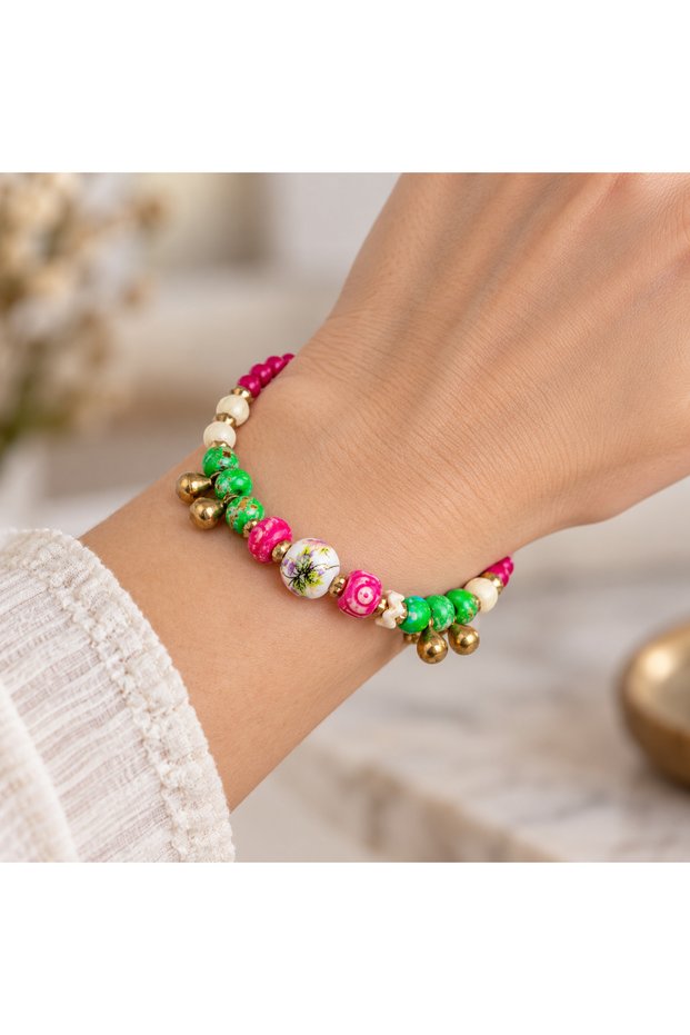 Fuchsia Green Cream Beaded Gold Color Stylish Women's Bracelet with Dangle Detail