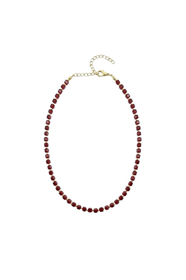 Bijou Collection Mini Square Stone Gold Detailed Necklace - Burgundy