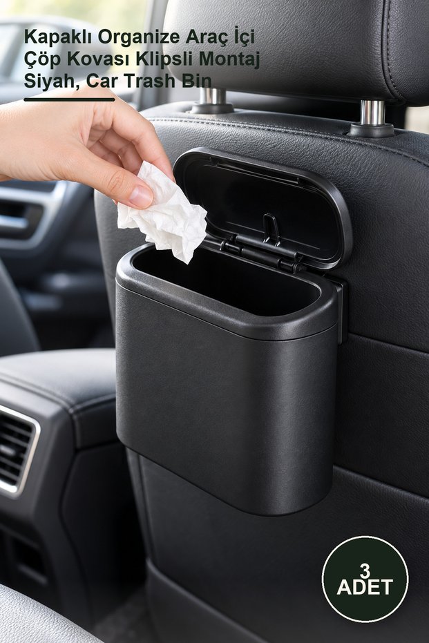 3 Pieces Car Trash Can – Organized In-Car Garbage Bin with Lid, Clip-On Mounting, Black, Car Trash Bin