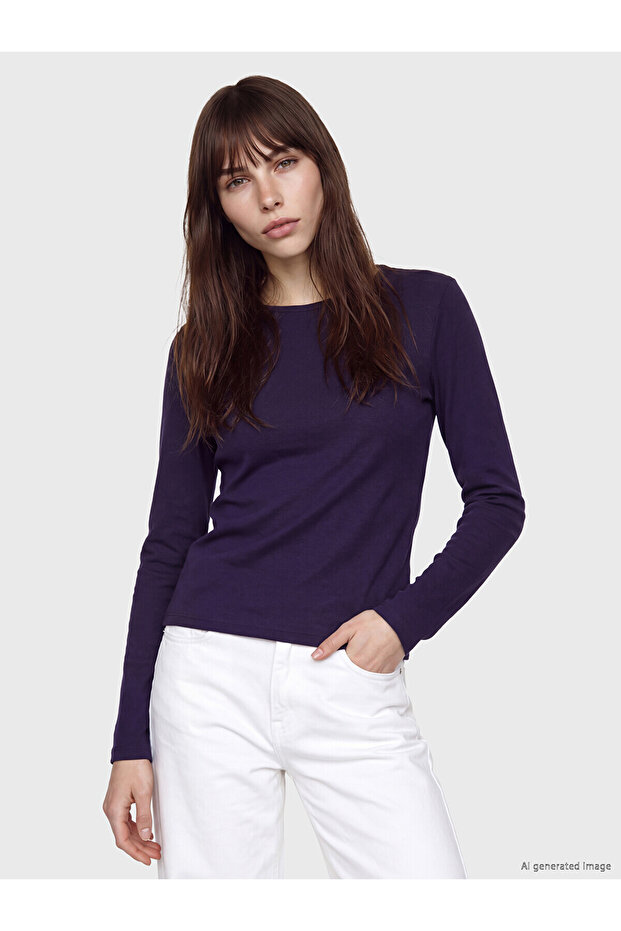 Two Mt Shop Quality Lcw Everyday Purple Plain Tight & Slim Long Sleeve Women's Bodysuit