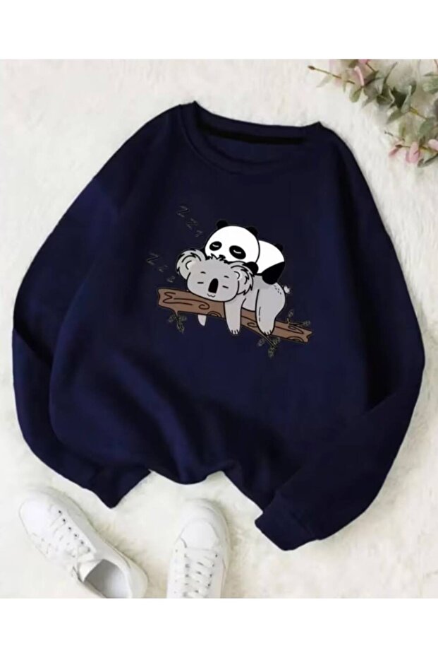 100% Cotton Shardooned Winter Plus Size Women's Sweatshirt with Uyuyan Panda and Koala Print