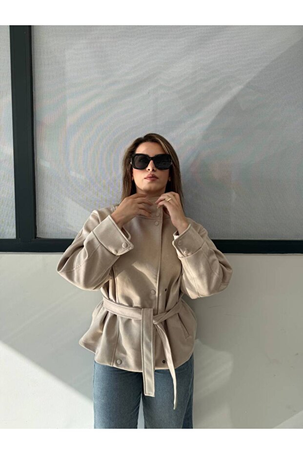 Women's Standing Collar Oversize Suede Jacket with Belt at the Waist