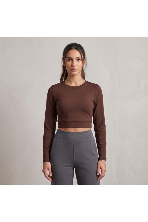 Women's Lycra Shirred Crew Neck Long Sleeve Body Crop Blouse