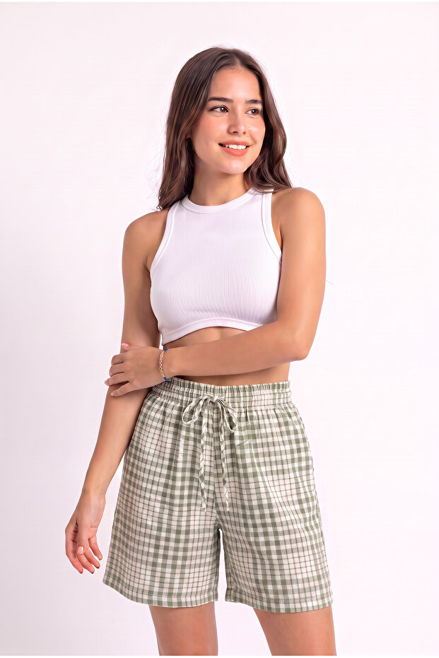 Women's Plaid Drawstring Belted Tie-Up Cotton Regular Fit Shorts with Elastic Waist