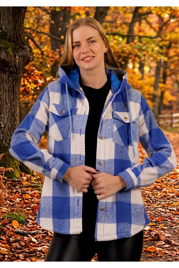 Blue and White Checkered, Fur Lined, Double Chest Pockets, Extra Loose, Comfortable Cut, Hooded Women's Jacket Shirt
