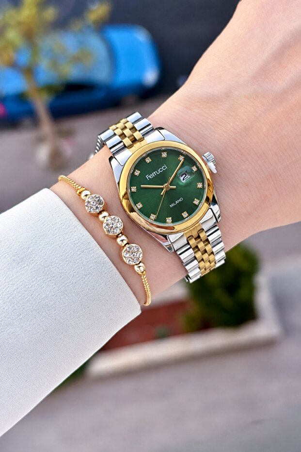Women's Wristwatch with Green Dial, Gold Gray Color Strap, 28 Mm, Same as in the Image