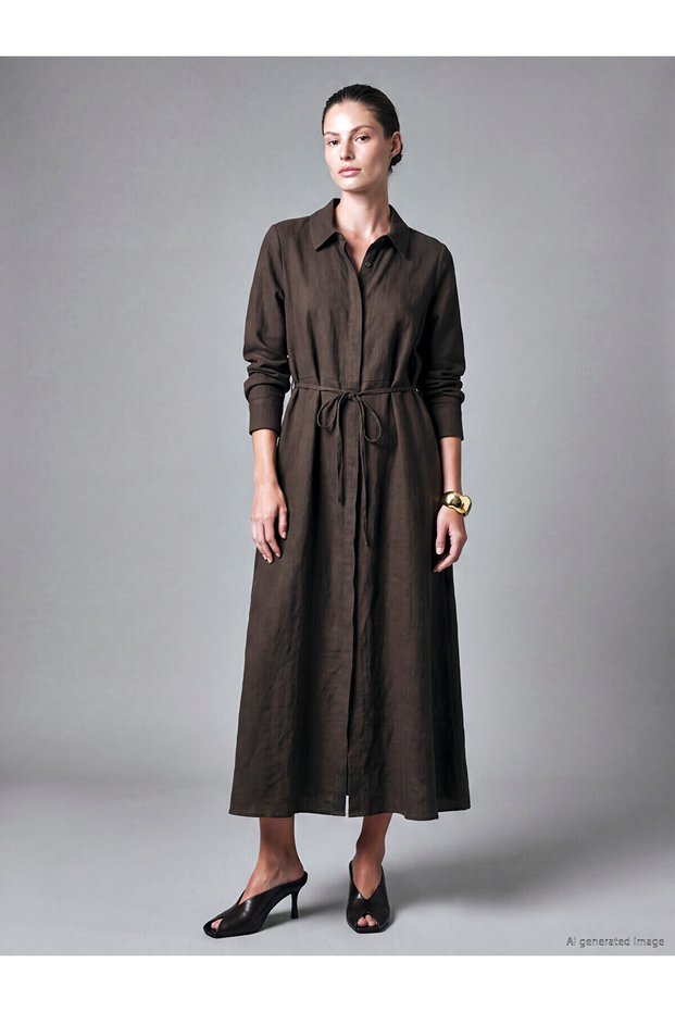 Gencc Quality with Lcw Studio Brown Dobby Plain Standard & Regular Shirt Collar Long Shirt Dress