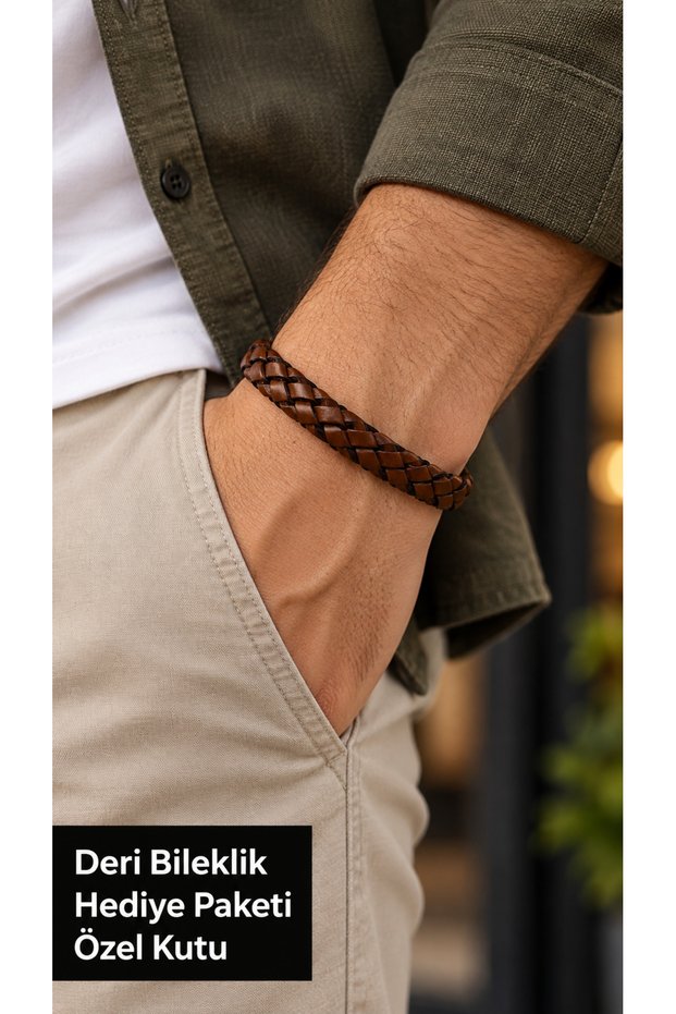 Calviro Russetweft Tobacco Brown Leather Men's Bracelet - Wide Straw Weave