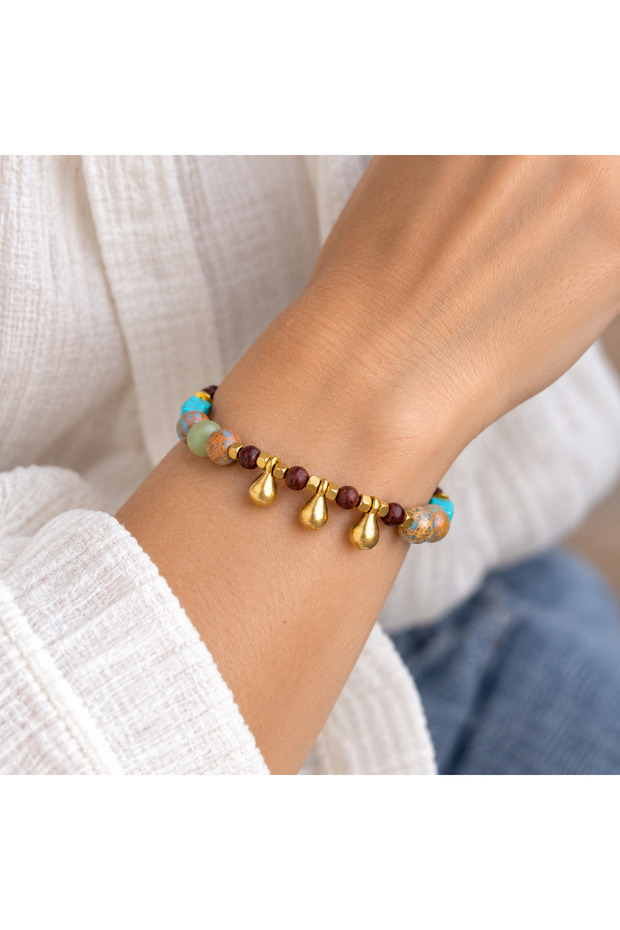 Turquoise and Burgundy Beaded Gold Color Special Design Women's Bracelet with Dangle Detail