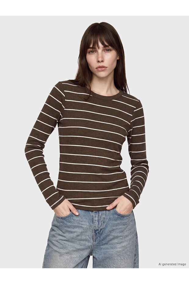 Two Mt Shop Quality Lcw Everyday Brown Camisole Striped Super Skinny & Extra Slim Long Sleeve K