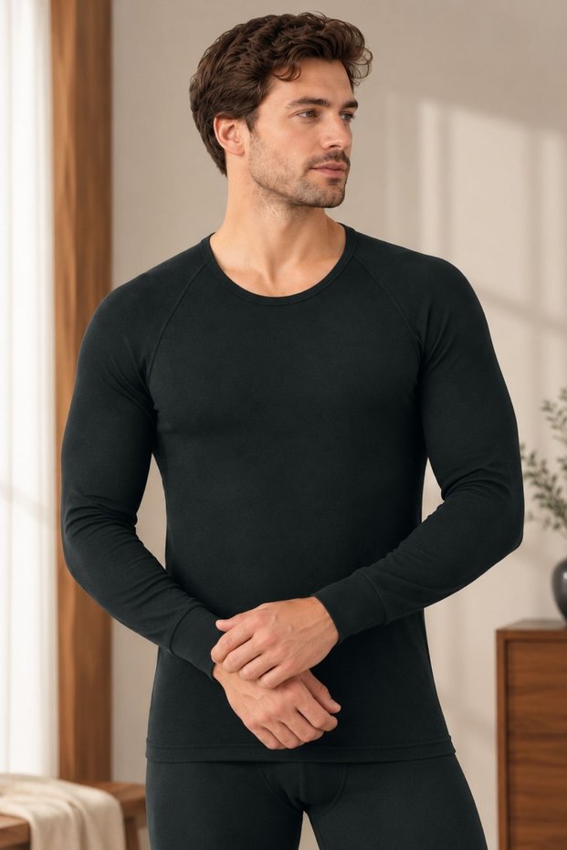 Men's Black Thermal Top Underwear Long Sleeve Crew Neck Cuffed Winter Warm Stretchy Sports and Casual Undershirt