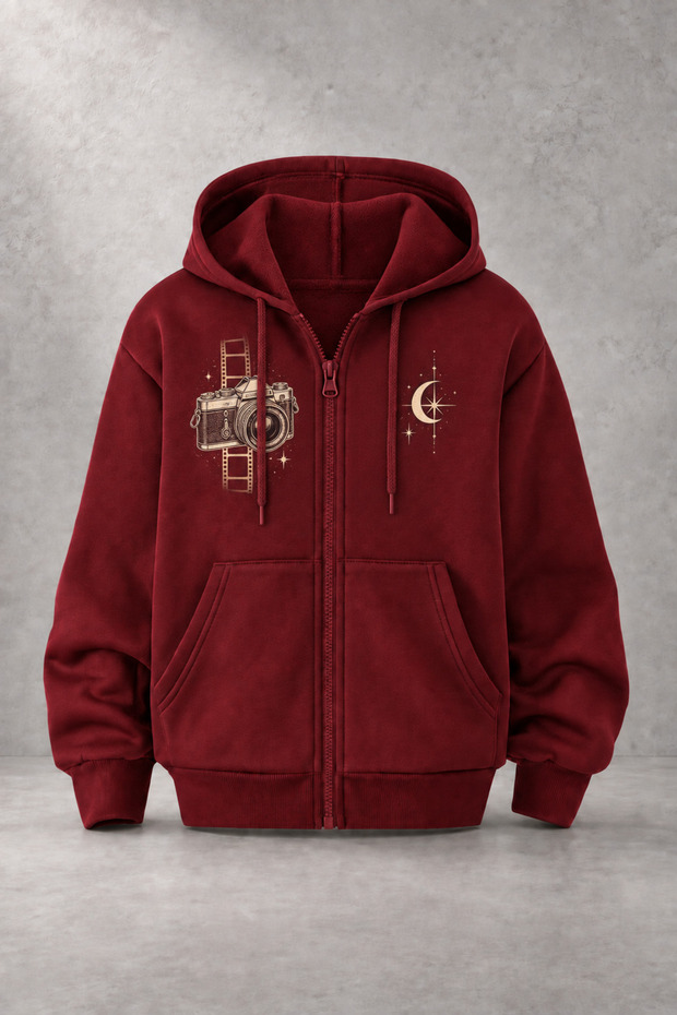 Unisex Vintage Camera Printed Three-Yarn Combed Cotton Fabric Hooded Zippered Claret Red Cardigan