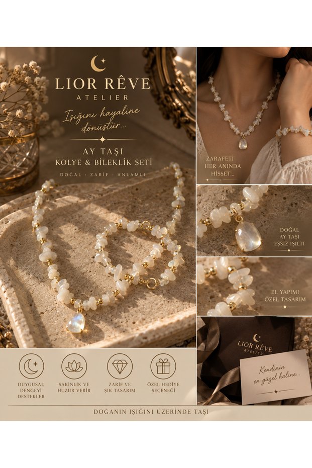 Lior Rêve Atelier Natural Moonstone Necklace & Bracelet Set | Gold Detailed Handmade Jewelry