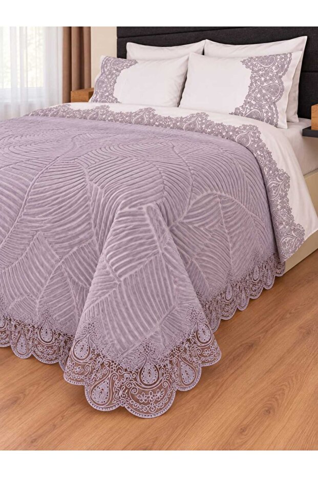 Bella Lavanda 100% Cotton 7 Piece Modern Double Duvet Cover Set with Chenille Lace Blanket