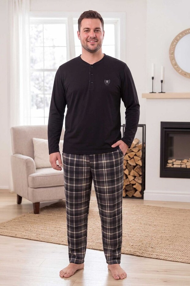 Men's Long Sleeve Thermal Plus Size Pajama Set Black