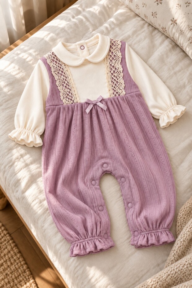 Baby Girl Jumpsuit with Lace Detail, Bebe Collar, Bow, Long Sleeve, Seasonal Premium Set