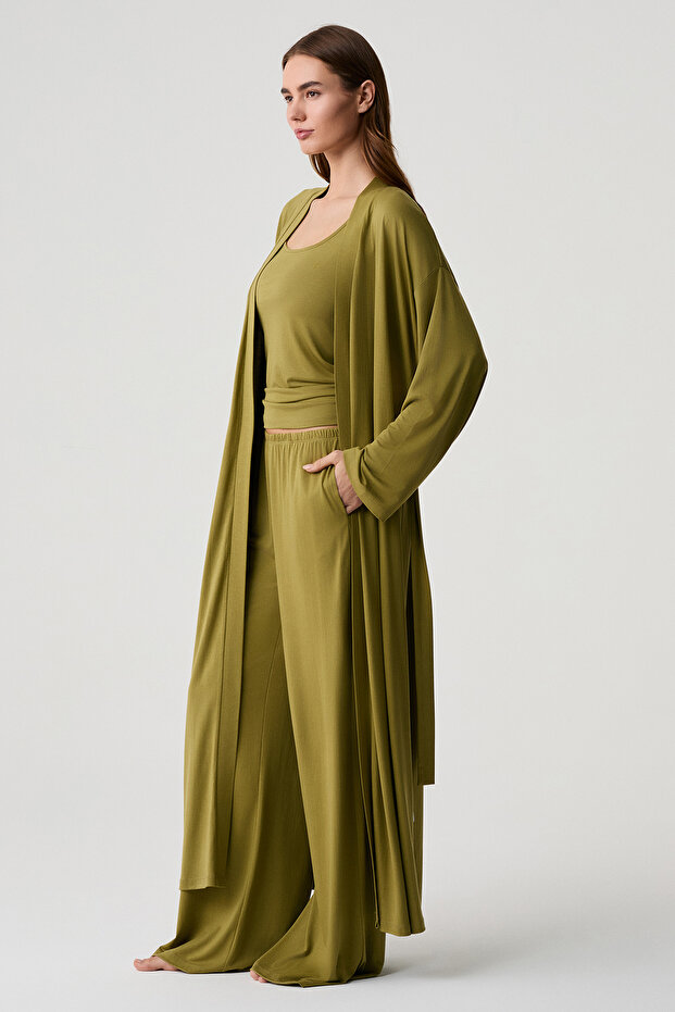 Relaxed Fit Draped Three-Piece Dressing Gown Set