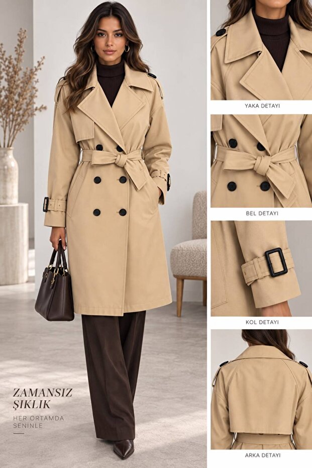 Buttoned, Slit Double-Breasted Trench Coat - Oversize Model