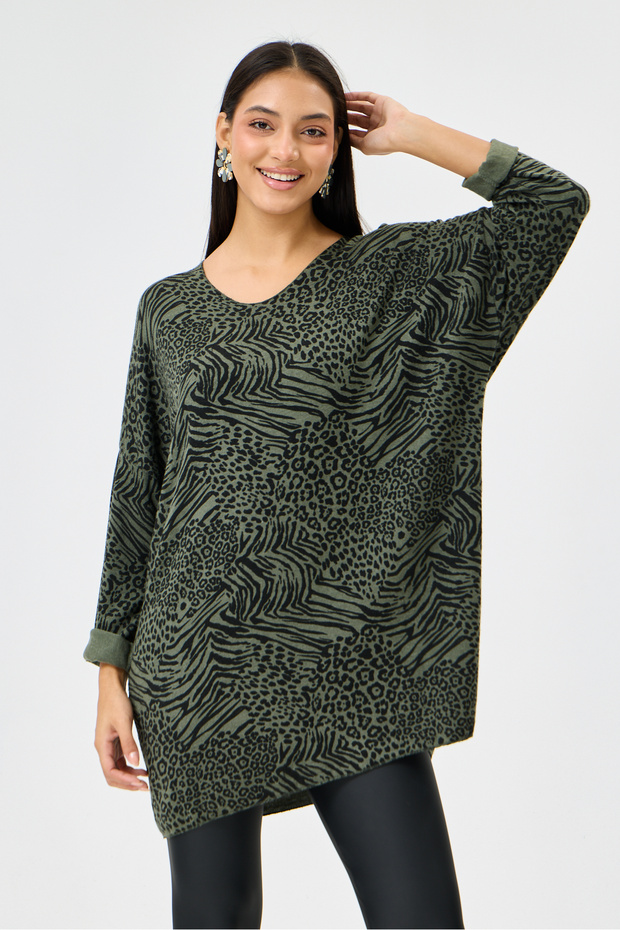 Khaki Italian Zebra Leopard Pattern Long Sleeve Lycra Oversize Long Blouse 38 - 48 Size