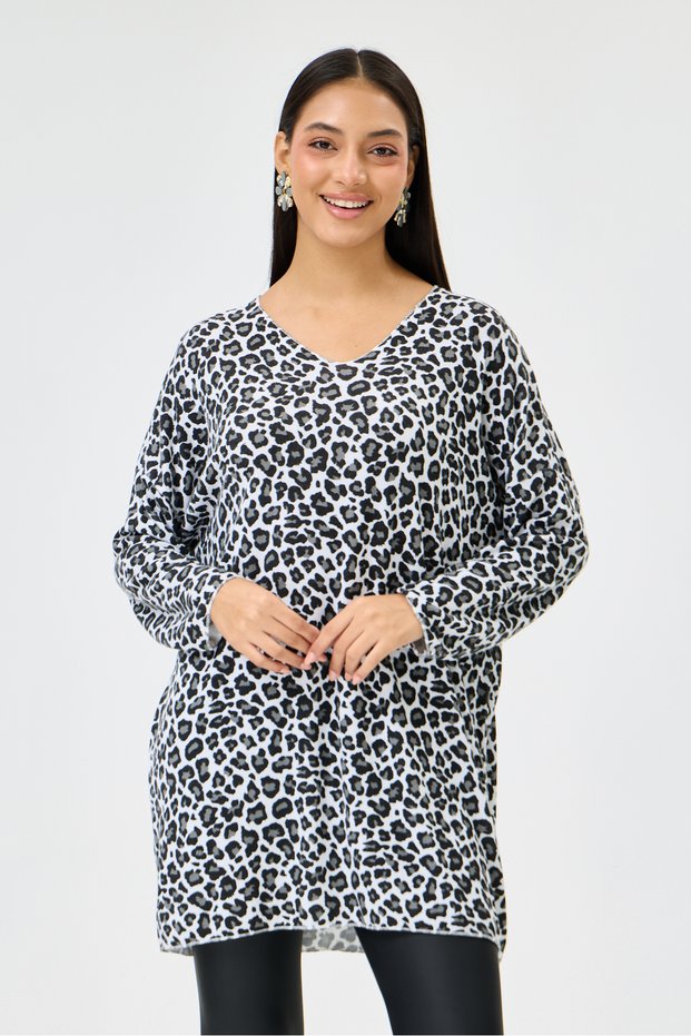 White Italian Leopard Pattern Long Sleeve Lycra Oversize Long Blouse 38 - 48 Size