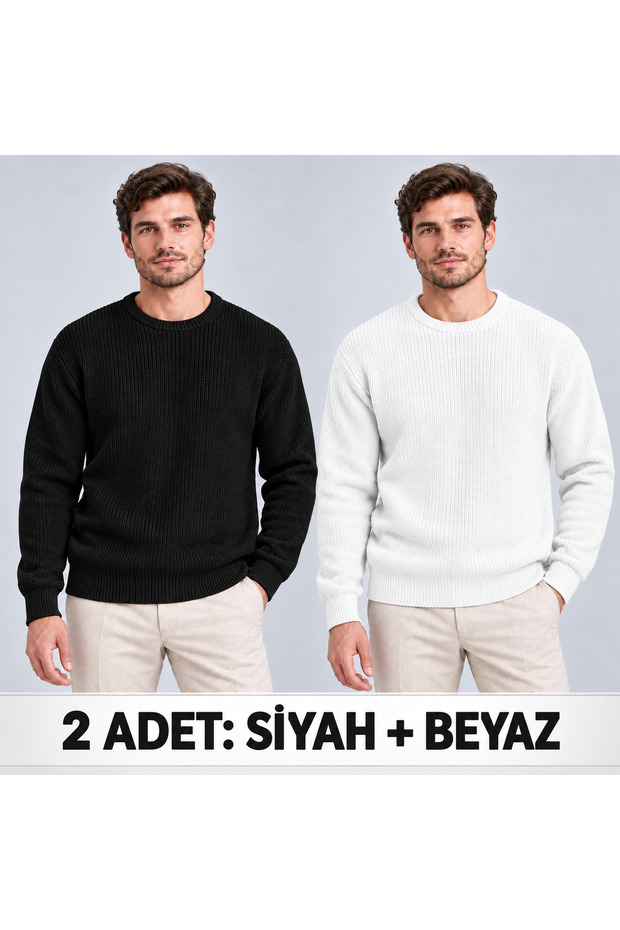 White and Black [2 Pieces] Comfortable Fit Ribbed Crew Neck Men's Knitwear Sweater