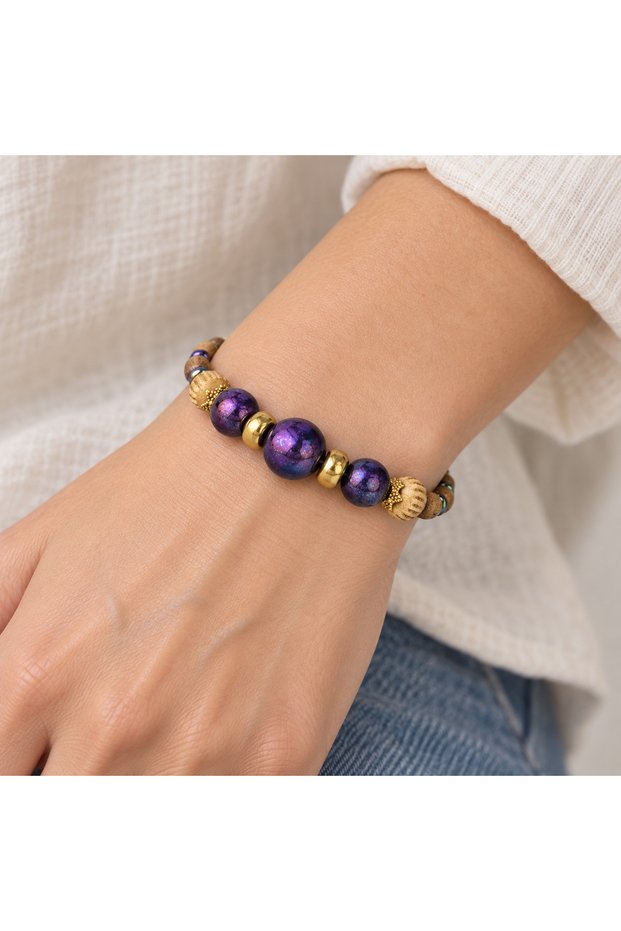 Stylish Bohemian Women's Bracelet with Purple Beads and Wooden Details and Gold Color Spacers