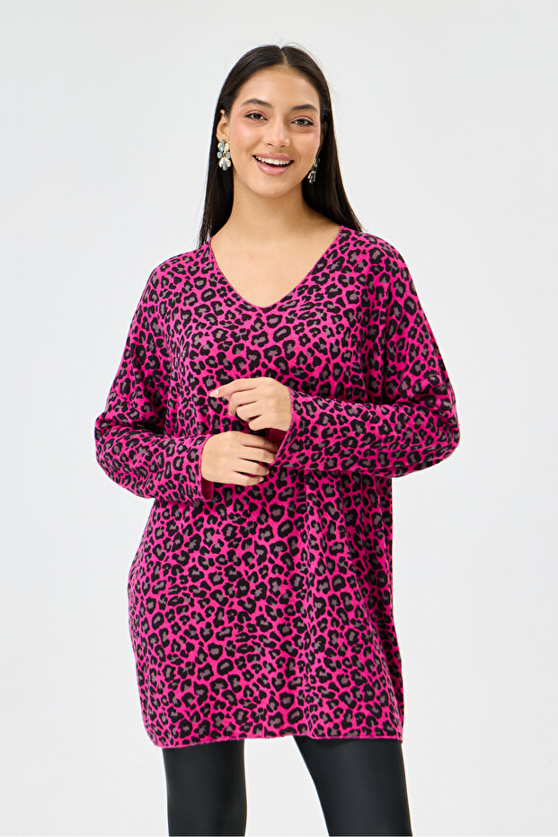 Fuchsia Italian Leopard Pattern Long Sleeve Lycra Oversize Long Blouse Size 38 - 48