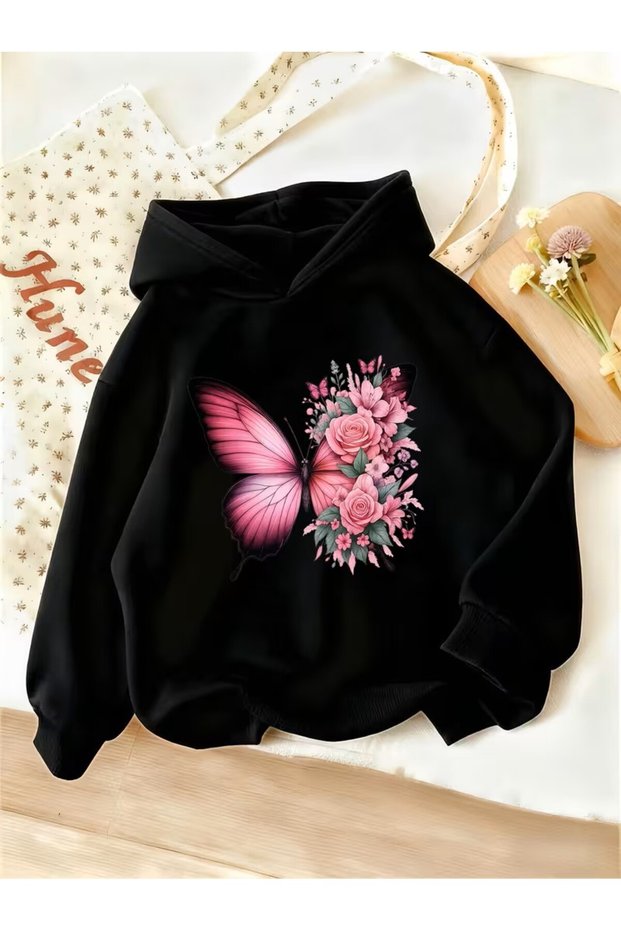 Fashionable Hooded Sweatshirt with Trendy Butterfly and Rose Print