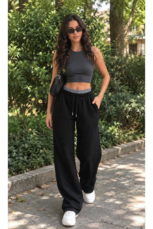 Black Rubber Waist Detailed Sweatpants